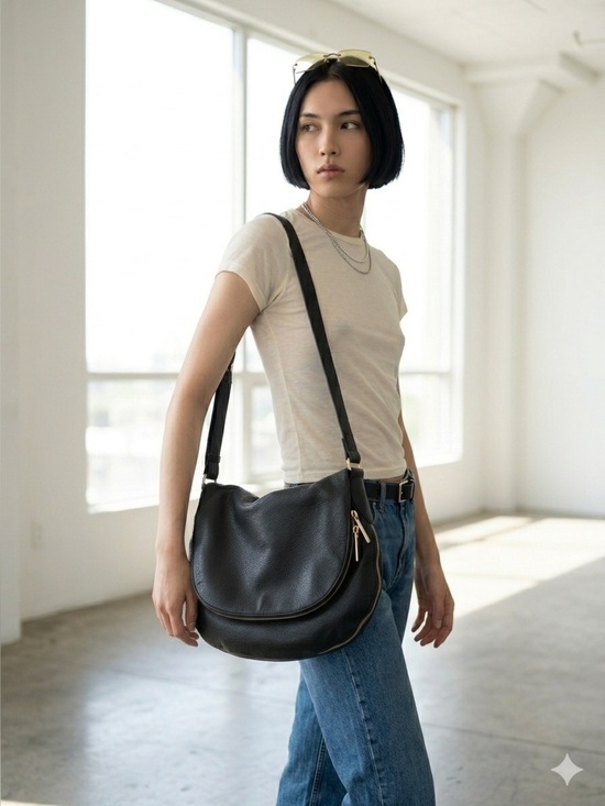 Danier Handbags - Danier Black Pebbled Leather Foldover Crossbody / Hobo Shoulder Bag